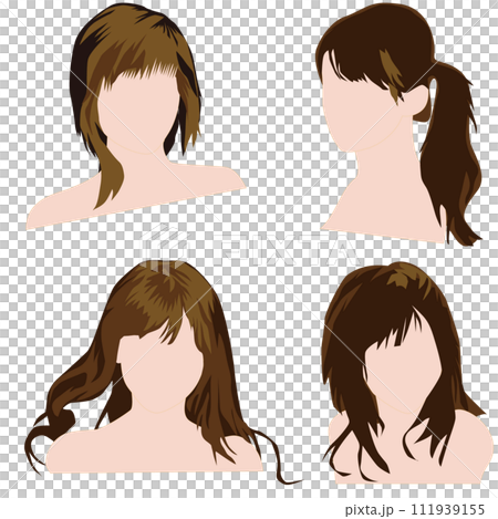 女性の髪型を単純化ブロック化して少ない色で塗り分けて表現した顔なし頭部のイラストセット04。 111939155