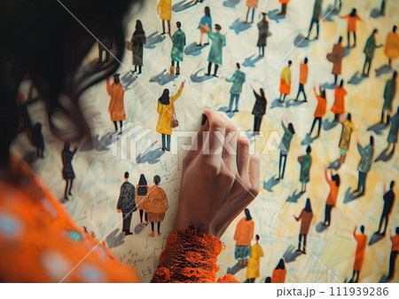 Young woman in orange dress writing on the wall with different people silhouettes Young woman in orange dress writing on the wall with different people silhouettes 111939286