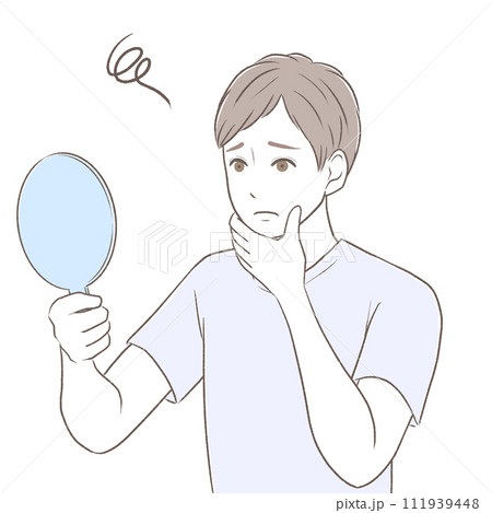 手鏡を持って髭を確認して悩む男性 111939448