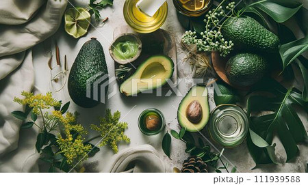 Beautiful spa composition with avocado, sea salt and towel on white table. Healthy skin from natural concepts 111939588