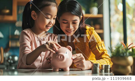 asian family mother and daughter putting coin into piggy bank at home 111939668