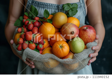 A woman holds fresh strawberries, apples and oranges in mesh bags. 111940152