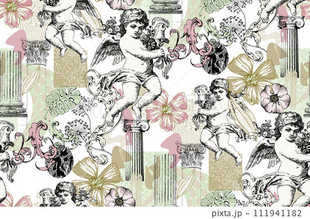 Seamless pattern. Cupids, columns and flowers. Vintage style. 111941182