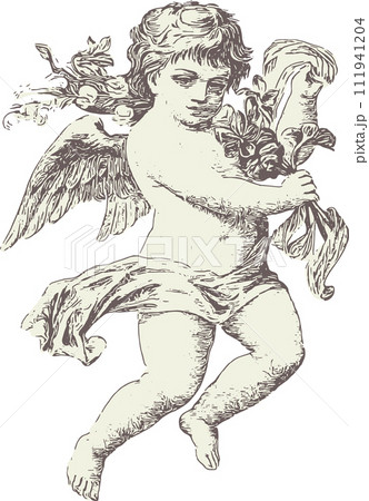 Cute angel. Cupid is the god of love. Engraving...のイラスト素材 [111941204] -  PIXTA