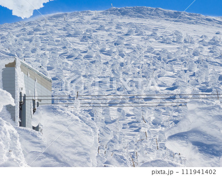 ロープウェイ山頂駅と周辺の樹氷原 (山形県、蔵王温泉スキー場) ロープウェイ山頂駅と周辺の樹氷原 (山形県、蔵王温泉スキー場) 111941402