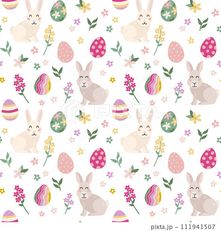 Easter spring seamless pattern with cute rabbit, eggs, flowers. Vector illustration 111941507