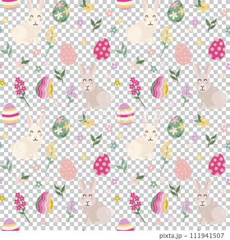 Easter spring seamless pattern with cute rabbit, eggs, flowers. Vector illustration 111941507