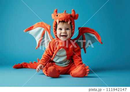Generated AI. Cute little boy in dinosaur costume on white background. 111942147