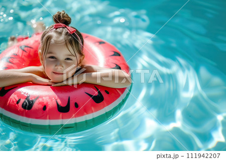 Generated AI. Adorable little girl on inflatable ring in swimming pool. Summer vacation concept.	 111942207