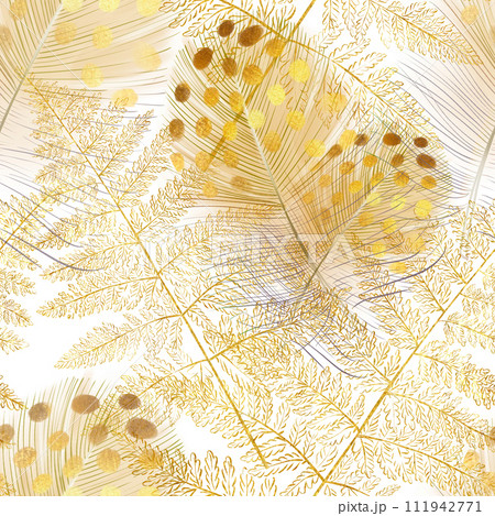 Seamless watercolor forest pattern with golden feathers and fern leaves. Romantic, luxury design. Ideal for textiles, packaging, printing 111942771