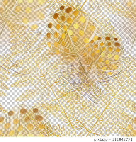 Seamless watercolor forest pattern with golden feathers and fern leaves. Romantic, luxury design. Ideal for textiles, packaging, printing 111942771
