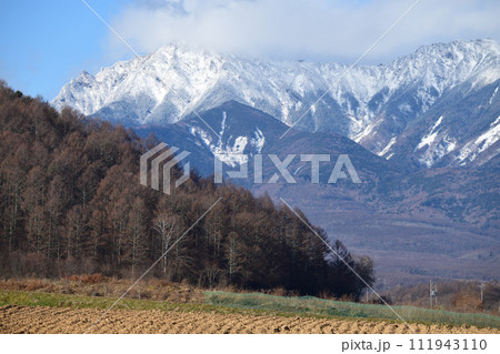 冠雪の八ヶ岳と収穫を終えた高原野菜畑 冠雪の八ヶ岳と収穫を終えた高原野菜畑 111943110