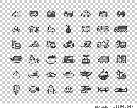 Line drawing icon set of various vehicles Line drawing icon set of various vehicles 111943647
