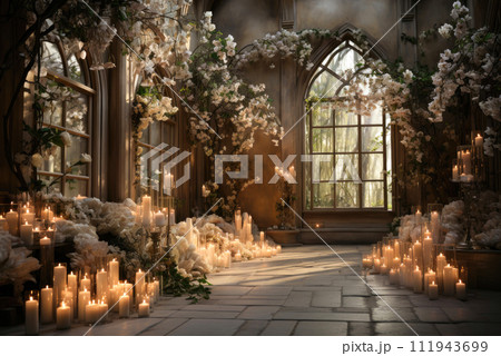 Beautifully decorated room for wedding registration of marriage with candles and white flowers 111943699