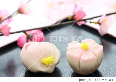 黒角皿にのった桜の花と桃の花の上生菓子 黒角皿にのった桜の花と桃の花の上生菓子 111944184