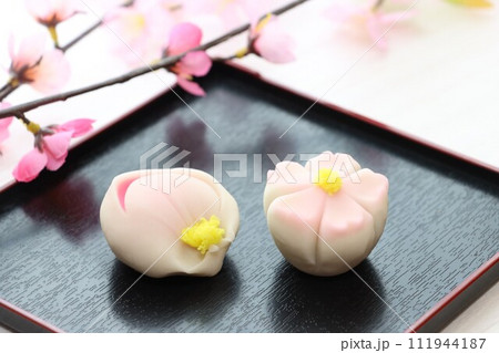 黒角皿にのった桜の花と桃の花の上生菓子 黒角皿にのった桜の花と桃の花の上生菓子 111944187