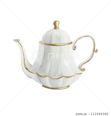White porcelain teapot with gilded rim, Victorian style. Watercolor illustration hand painted isolated on white background. Perfect for invitations, greeting cards, posters, labels, wallpapers, wrappe 111944388