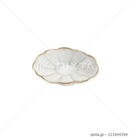 White porcelain tea saucer with gilded rim, Victorian style. Watercolor illustration hand painted isolated on white background. Perfect for invitations, greeting cards, posters, labels, wallpapers, wr 111944394