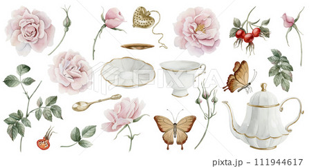 Set of rose hip flowers, berries, leaves, white porcelain teaware and butterflies. Watercolor illustration hand painted isolated on white background. Perfect for invitations, greeting cards, posters,  111944617