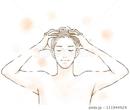 メンズ美容 ヘアケアをする笑顔の男性のイラスト メンズ美容 ヘアケアをする笑顔の男性のイラスト 111944929