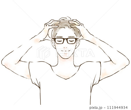 メガネをかけた男性のイラスト 頭皮マッサージ 笑顔 メガネをかけた男性のイラスト 頭皮マッサージ 笑顔 111944934