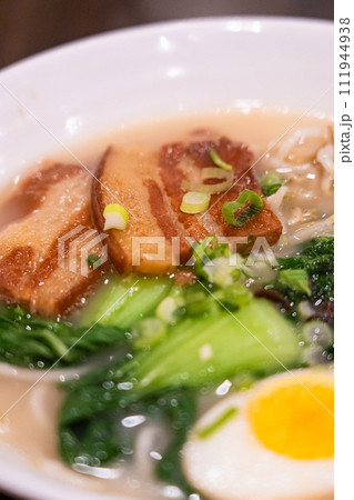 Tonkotsu ramen with soft Pork Belly ,boiled egg and baby bok choy 111944938