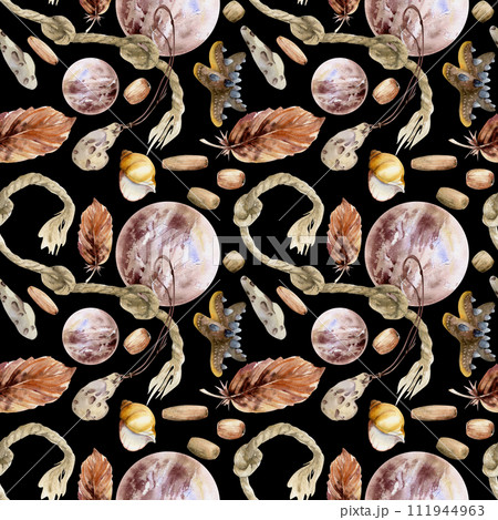 Hand drawn watercolor illustration sea witch altar objects. Tied knotted rope cord, precious stones feathers shells beads. Seamless pattern isolated on dark background. Design for print, shop, magic Hand drawn watercolor illustration sea witch altar objects. Tied knotted rope cord, precious stones feathers shells beads. Seamless pattern isolated on dark background. Design for print, shop, magic 111944963