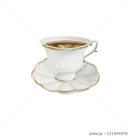 White porcelain tea cup and saucer with gilded rim, Victorian style. Cup of tea. Watercolor illustration hand painted isolated on white background. Perfect for invitations, greeting cards, posters, la White porcelain tea cup and saucer with gilded rim, Victorian style. Cup of tea. Watercolor illustration hand painted isolated on white background. Perfect for invitations, greeting cards, posters, la 111944970
