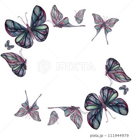 Hand drawn watercolor illustration butterfly fairy wings gem crystal insect moth. Tourmaline pearl labradorite opal. Square frame isolated on white background. Design print, shop, wedding, birthday Hand drawn watercolor illustration butterfly fairy wings gem crystal insect moth. Tourmaline pearl labradorite opal. Square frame isolated on white background. Design print, shop, wedding, birthday 111944979