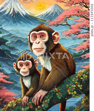 三国山の中でくつろぐ親子の猿 111945008