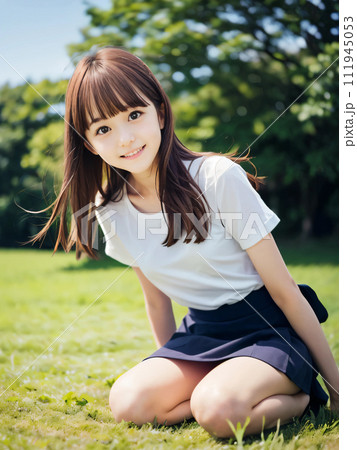 緑の大地に笑顔で座る若い女性 111945053