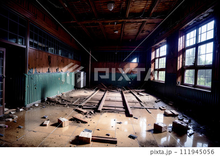 Realistic photo of destructed broken room interior 111945056