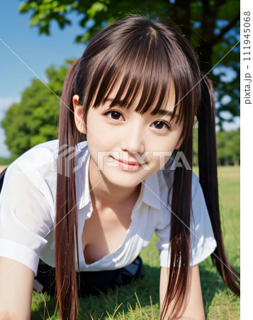 緑の大地に笑顔で四つん這いになる若い女性 111945068