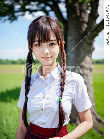 緑の大地で大木を背に笑顔の若い女性 111945071