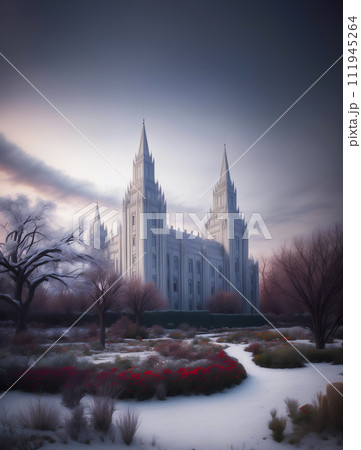 Winter landscape castle and botanic garden covered with snow Winter landscape castle and botanic garden covered with snow 111945264