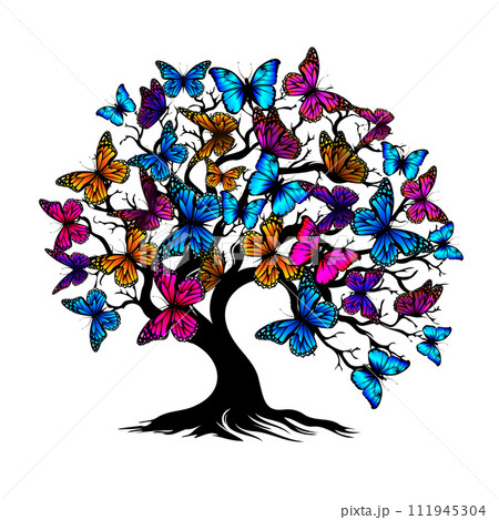 Tree with butterflies. hand drawing. Not AI, Vector illustration 111945304