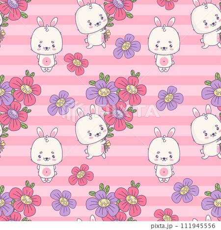 Seamless pattern with happy bunny with bouquet of flowers on striped pink background. Cute kawaii animal character. Vector illustration. Kids collection. 111945556