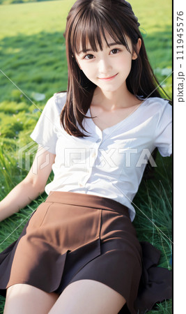 緑の大地に笑顔で寝転ぶ若い女性 111945576