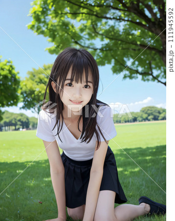 緑の大地に笑顔で四つん這いになる若い女性 111945592