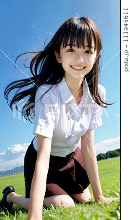 緑の大地に笑顔で四つん這いになる若い女性 111945611