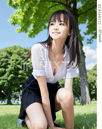 緑の大地に笑顔で膝立ちになる若い女性 緑の大地に笑顔で膝立ちになる若い女性 111945619