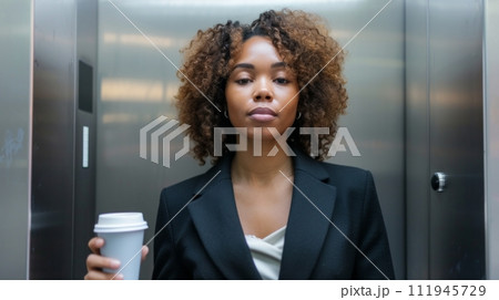 AI-generated content. African American business woman posing in elevator with cup of coffee 111945729