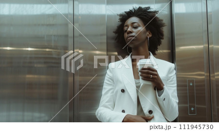 AI-generated content. African American business woman posing in elevator with cup of coffee 111945730