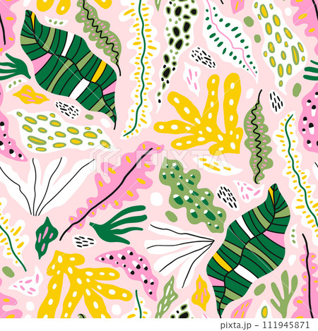 Seamless botanical pattern with abstract tropical leaves and shapes. Summer pastel jungle florals design. Great for fabric, textile, wrapping paper, wallpaper. Vector texture 111945871