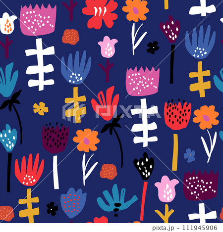 Seamless abstract floral pattern. Botanical texture with hand drawn flowers. Vector illustration 111945906