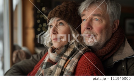 AI-generated content. Middle aged man and woman at family house wearing warm wear, cozy atmosphere 111946000