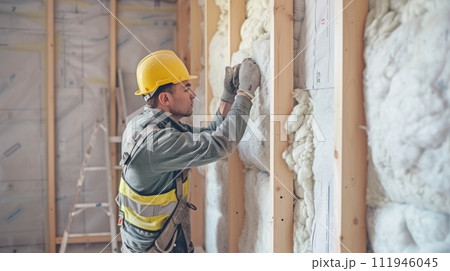 AI-generated content. Construction worker installation ceiling into wall of new house 111946045