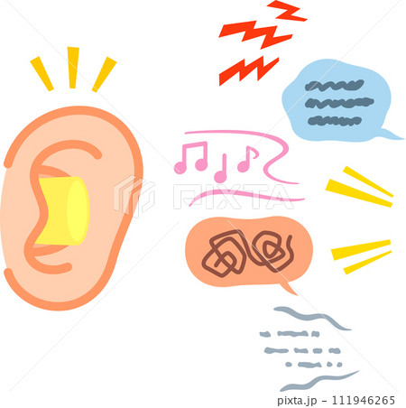 雑音、ノイズのイメージと耳栓をした耳 111946265