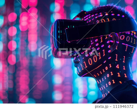 AI-generated content. Man wearing Virtual Reality Helmet. VR gaming, cyberspace, cybersecurity, global information concept. Futuristic Cyber Reality with human 111946372