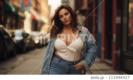 AI-generated content. Beautiful american woman wearing ripped denim standing in the middle of the street Casual fashion, elegant everyday look. Plus size model. 111946427